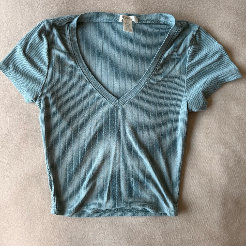 Bozzolo V-Neck Ribbed Short Sleeve Top - Teal